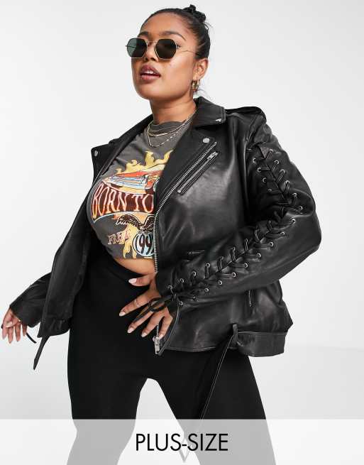Chaqueta biker de cuero auténtico con cordones en las mangas de Barney's Originals Plus