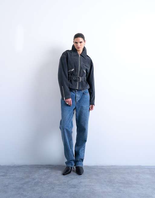Chaqueta biker gris carbón con cinturón bajo de antelina de Topshop, 2 de 4