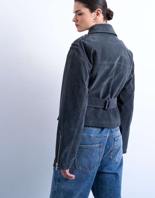 Chaqueta biker gris carbón con cinturón bajo de antelina de Topshop, 4 de 4