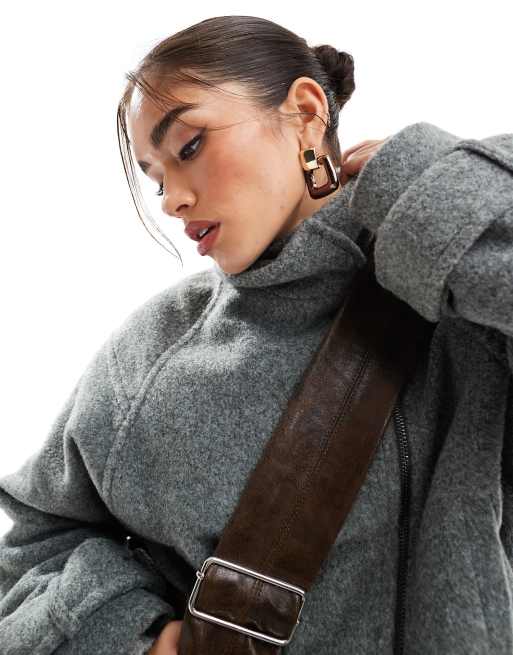 Chaqueta biker gris carbón de estilo formal con cuello alzado de tejido cepillado de ASOS DESIGN, 4 de 5