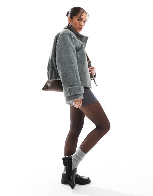 Chaqueta biker gris carbón de estilo formal con cuello alzado de tejido cepillado de ASOS DESIGN, 5 de 5