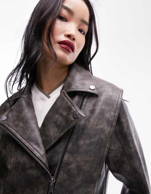 Chaqueta biker gris lavado de cuero sintético de Topshop, 3 de 5