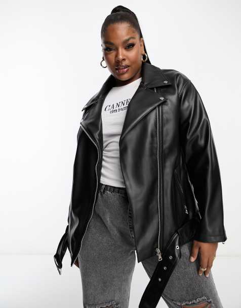 Chaqueta biker larga y extragrande negra de cuero sintético de ASOS DESIGN Curve - view 1