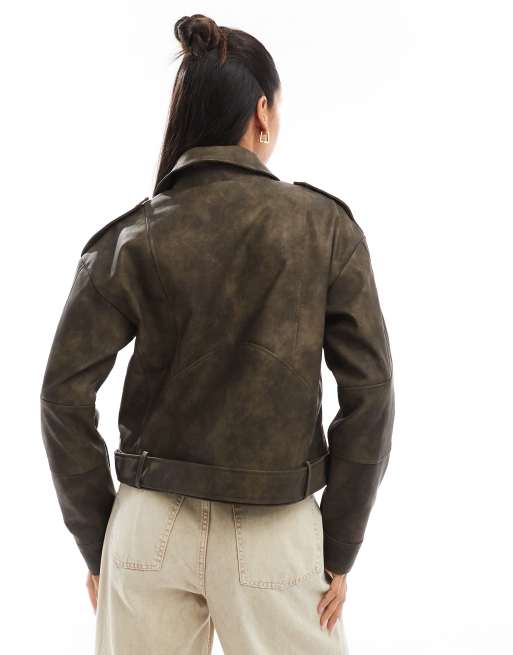 Chaqueta biker marrón extragrande de tejido efecto cuero lavado de Vila, 4 de 4