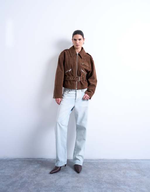 Chaqueta biker marrón lavado con cinturón bajo de antelina de Topshop, 3 de 4