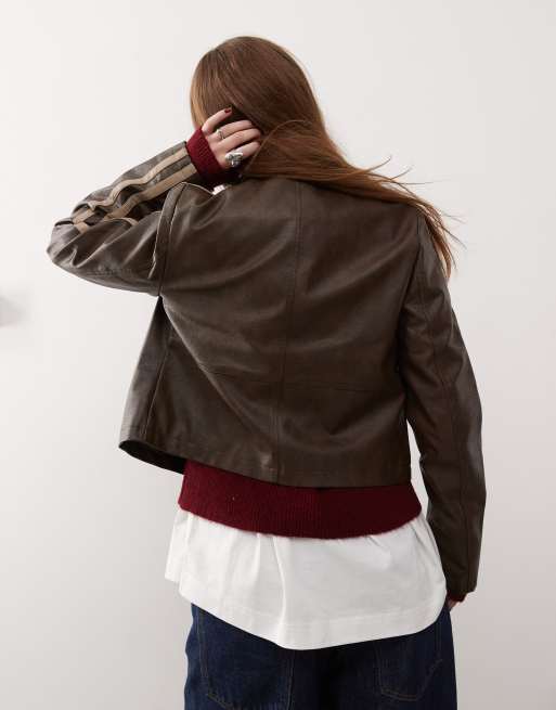 Chaqueta biker marrón lavado con rayas de tejido efecto cuero de Reclaimed Vintage, 3 de 4