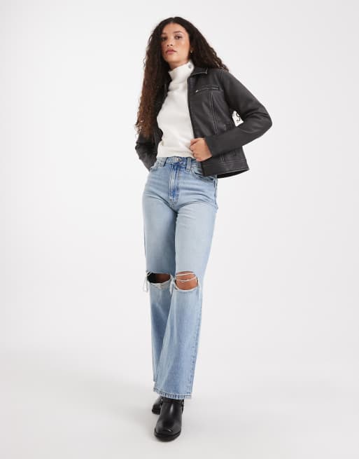 Chaqueta biker negra clásica de cuero de Hollister, 2 de 4