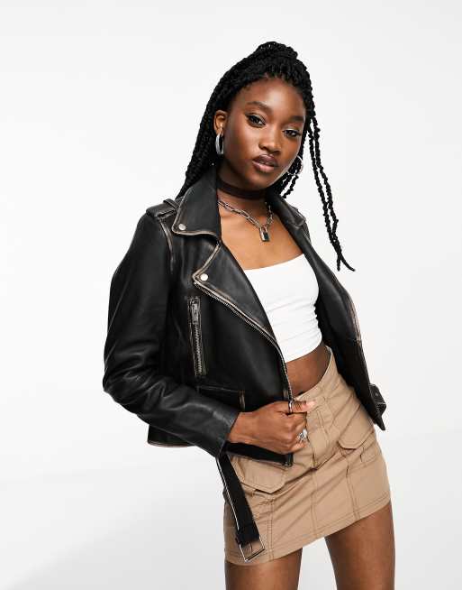 Chaqueta biker negra con acabado desgastado de cuero de Bolongaro Trevor
