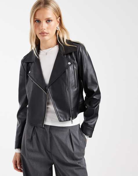 Chaqueta biker negra de corte cuadrado de cuero sintético de Mango - view 1