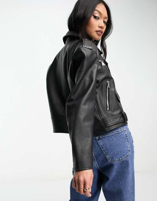 Chaqueta biker negra de cuero auténtico texturizado premium de ASOS DESIGN, 2 de 4