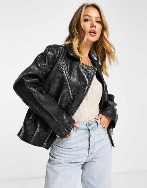 Chaqueta biker negra de cuero efecto cocodrilo Adriana de Whistles