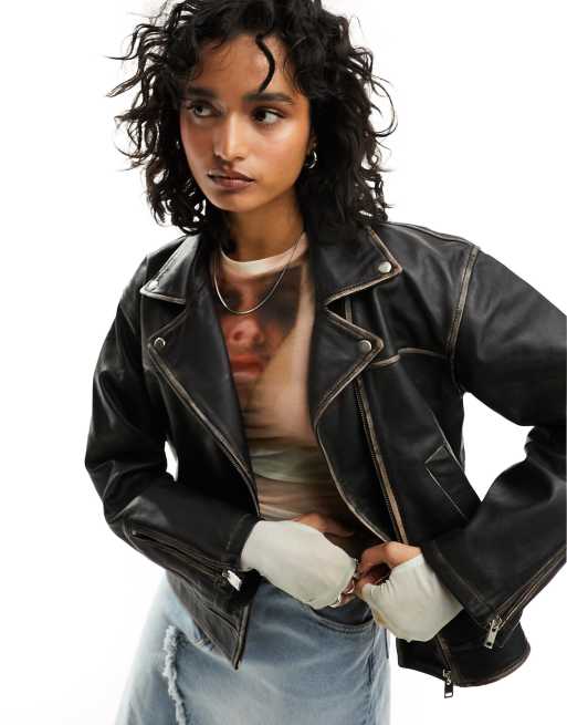Chaqueta biker negra extragrande con acabado desgastado de cuero de Bolongaro Trevor