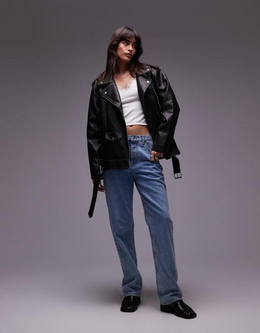 Chaqueta biker negra ultragrande de cuero sintético de Topshop, 2 de 4