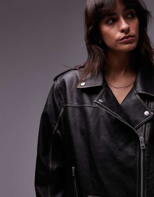 Chaqueta biker negra ultragrande de cuero sintético de Topshop, 3 de 4