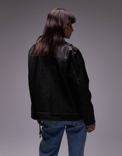 Chaqueta biker negra ultragrande de cuero sintético de Topshop, 4 de 4