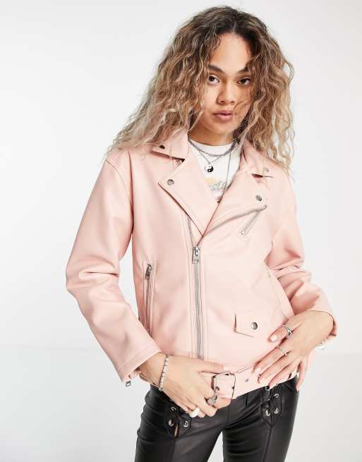 Chaqueta biker rosa extragrande de cuero sintetico de Topshop ASOS