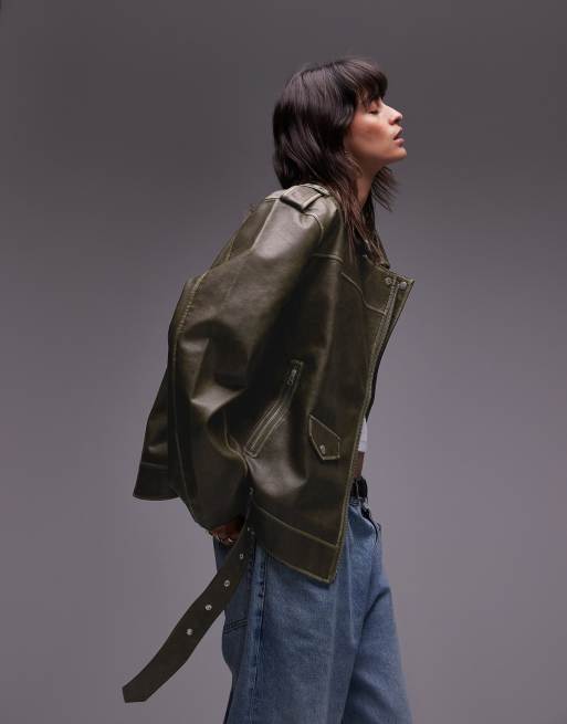 Chaqueta biker verde lavado ultragrande de cuero sintético de Topshop, 2 de 4