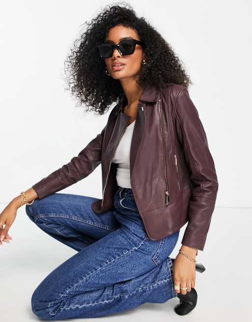 Chaqueta biker violeta con diseño minimalista de cuero Cayode de Ted Baker