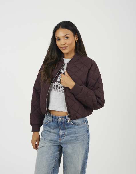 Chaqueta bomber burdeos acolchada con patrón de rombos de Brave Soul - view 1