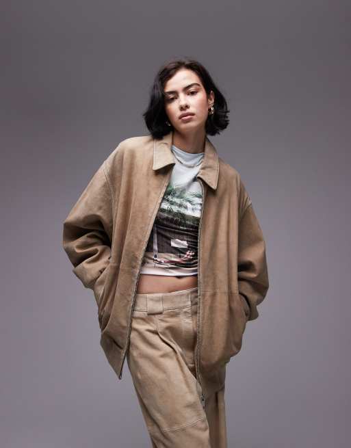 Chaqueta bomber color arena extragrande de ante suave y cuero auténtico premium de Topshop