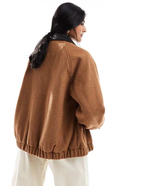 Chaqueta bomber color óxido de estilo clásico de mezcla de lana con solapas de tejido efecto cuero de ASOS DESIGN, 3 de 4