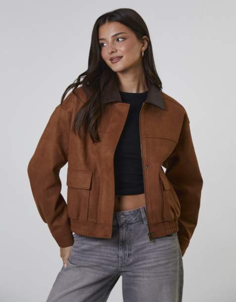 Chaqueta bomber color tostado de antelina con ribete de poliuretano de South Beach - view 1