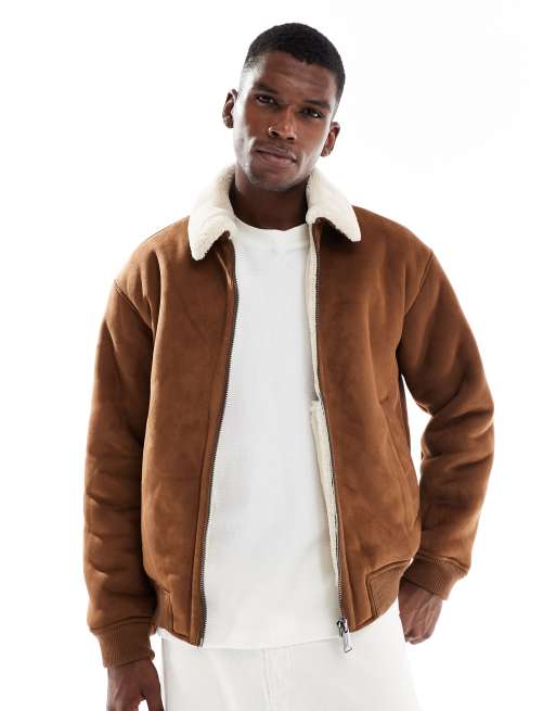 Chaqueta bomber color tostado de antelina con solapas de borreguito de Jack & Jones