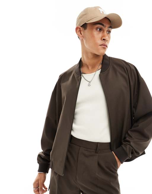 Chaqueta bomber de vestir marrón con detalle de bolsillos de ASOS DESIGN (parte de un conjunto)