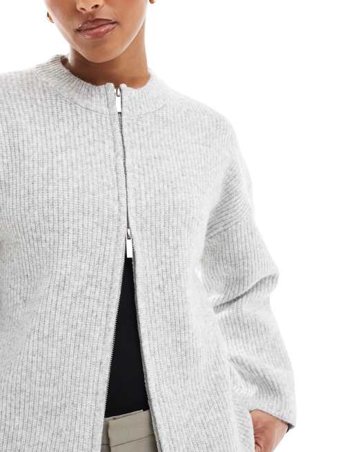 Chaqueta bomber gris con cuello alto y cremallera bidireccional de punto premium de 4th & Reckless, 2 de 4