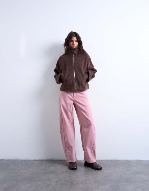 Chaqueta bomber marrón chocolate con detalle de trabilla de bouclé de Topshop, 2 de 4