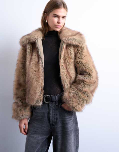 Chaqueta bomber marrón claro con cremallera de piel sintética a rayas de Topshop - view 1