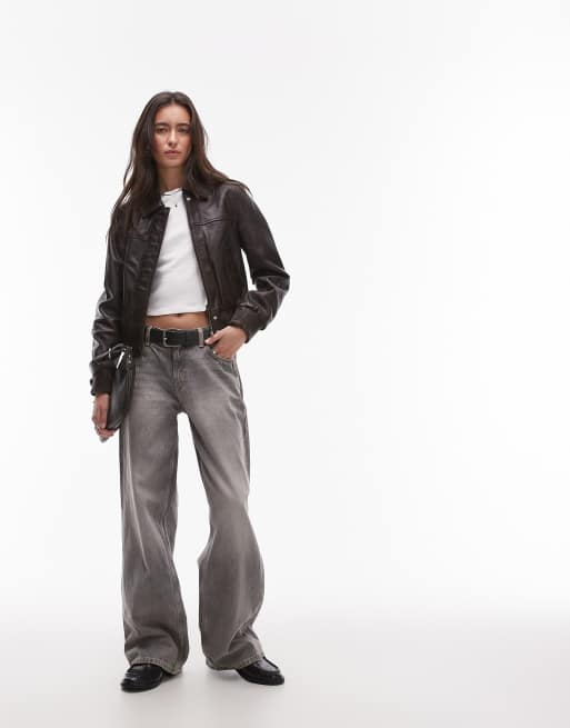 Chaqueta bomber marrón de cuero auténtico de Mango