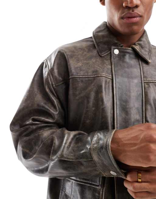 Chaqueta bomber marrón extragrande con acabado lavado de cuero auténtico premium de ASOS DESIGN, 4 de 4