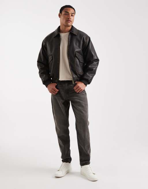 Chaqueta bomber marrón lavado de cuero sintético envejecido de Cotton On, 2 de 5