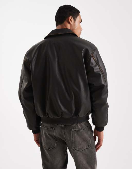 Chaqueta bomber marrón lavado de cuero sintético envejecido de Cotton On, 3 de 5