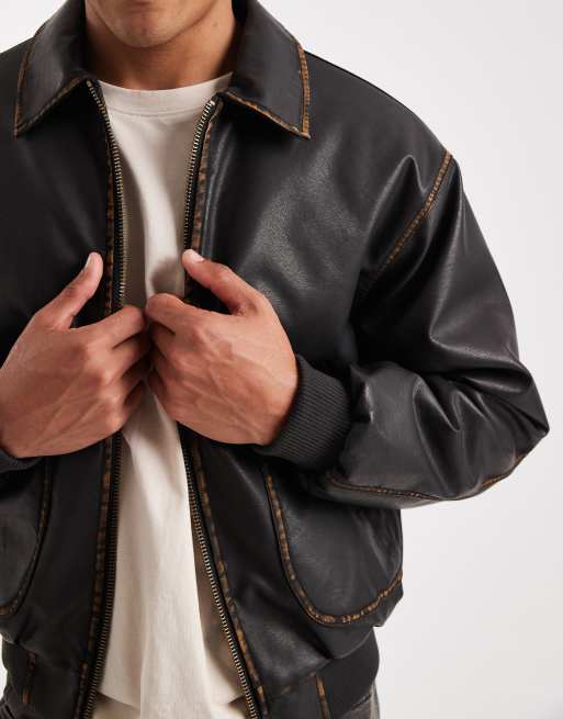 Chaqueta bomber marrón lavado de cuero sintético envejecido de Cotton On, 4 de 5