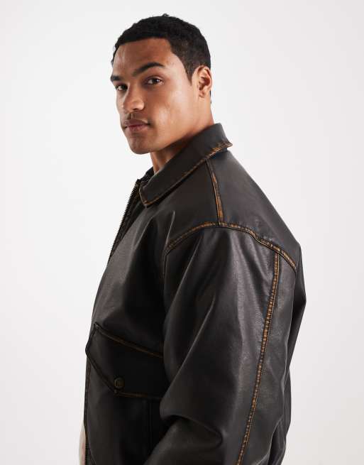 Chaqueta bomber marrón lavado de cuero sintético envejecido de Cotton On, 5 de 5