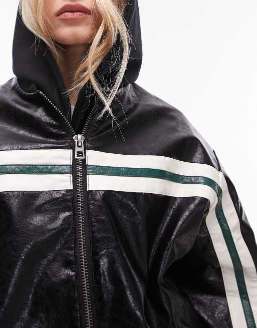 Chaqueta bomber negra a rayas de cuero sintético de Topshop, 2 de 4
