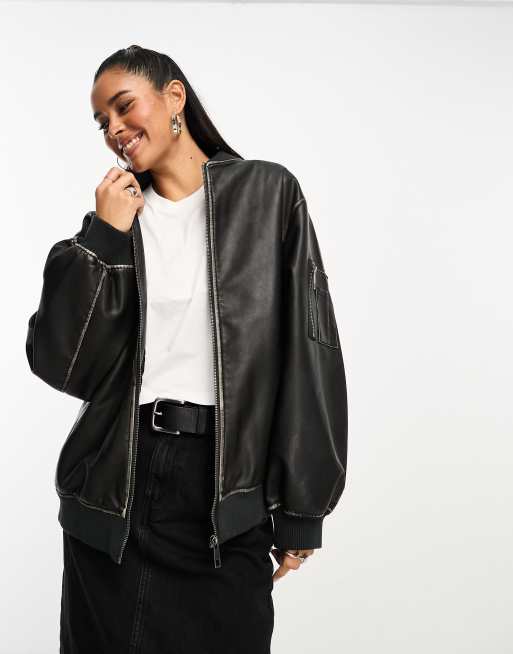 Chaqueta bomber negra con acabado lavado de cuero sintético de ASOS DESIGN, 3 de 4