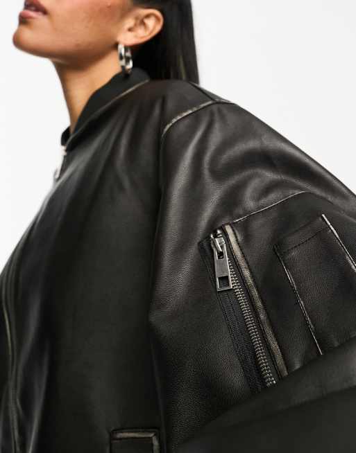 Chaqueta bomber negra con acabado lavado de cuero sintético de ASOS DESIGN, 4 de 4