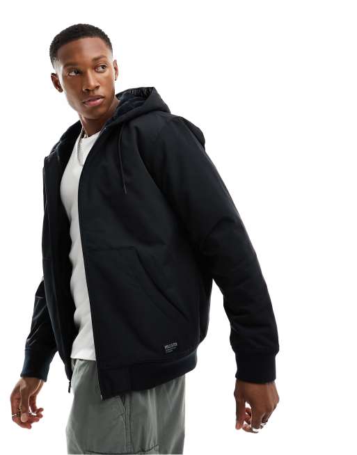 Chaqueta bomber negra con capucha y forro de borreguito All Weather de Hollister