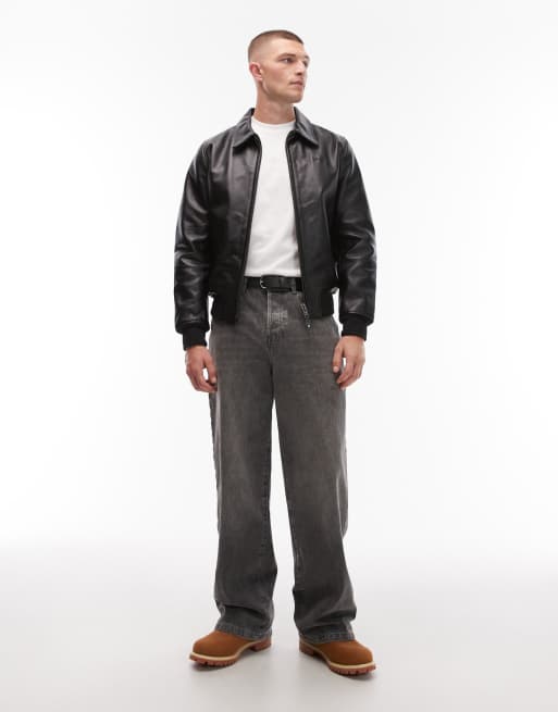Chaqueta bomber negra con detalle de cuello de cuero auténtico premium de Schott, 2 de 5