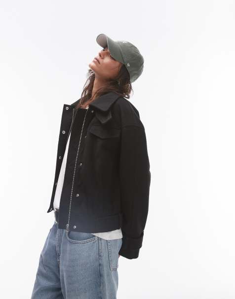 Chaqueta bomber negra con detalle de solapas de tejido efecto lana de Topshop - view 1