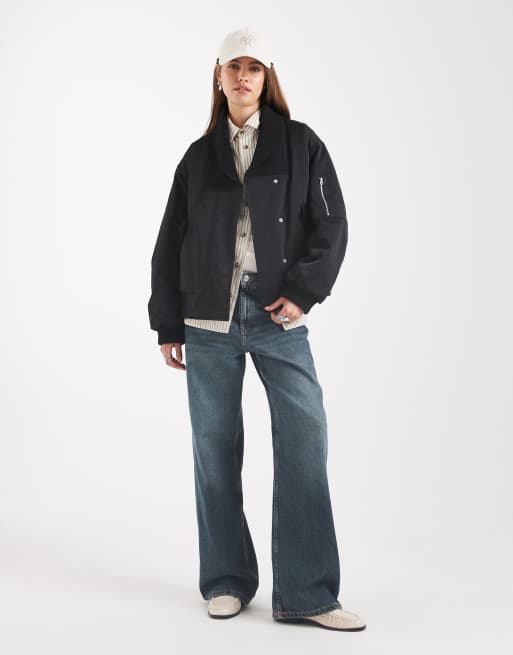 Chaqueta bomber negra con solapas de punto de ASOS DESIGN, 2 de 4