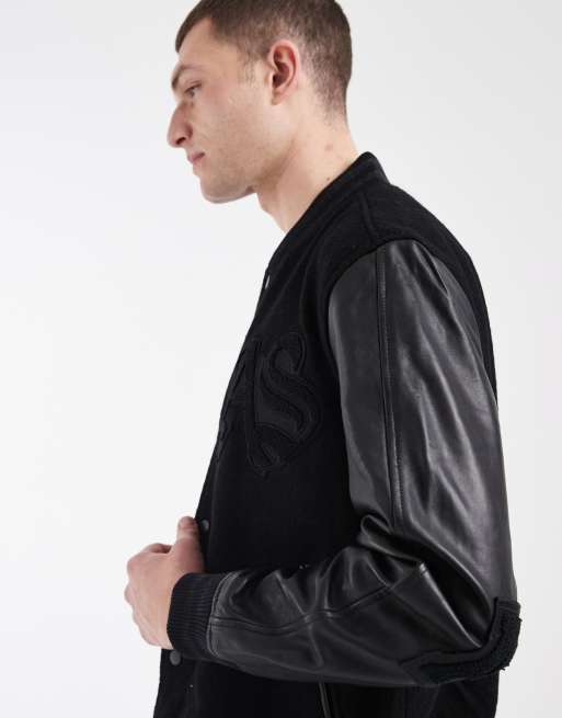 Chaqueta bomber negra de estilo universitario con logo de cuero Holloway de AllSaints, 5 de 5