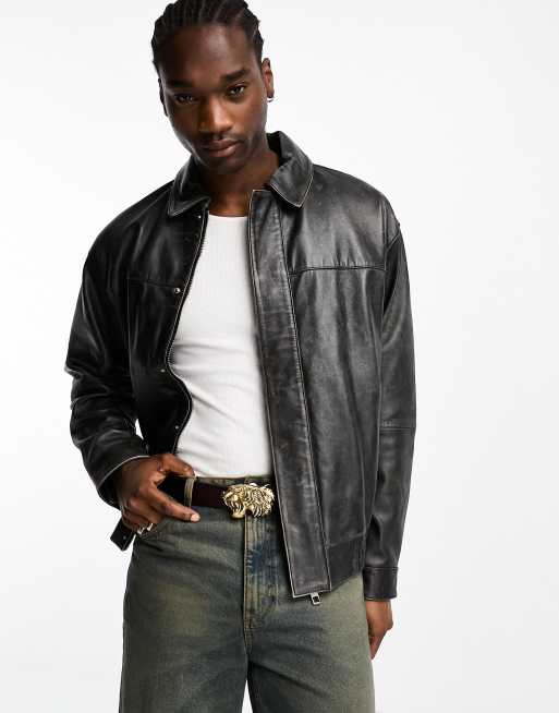 Chaqueta bomber negra extragrande con lavado vintage de cuero auténtico de ASOS DESIGN