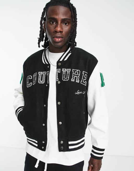 Chaqueta bomber negra y blanca de estilo universitario con parches bordados de The Couture Club