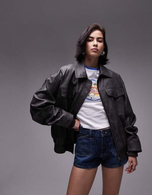 Chaqueta bomber negro lavado de cuero sintético de Topshop