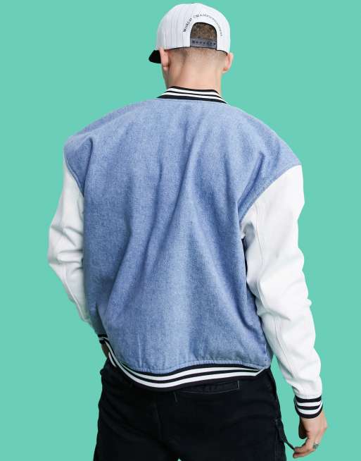Chaqueta bomber vaquera azul extragrande de estilo universitario con ribetes de ASOS DESIGN, 4 de 4