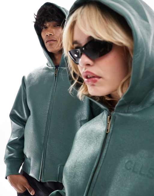 Chaqueta bomber verde bosque con capucha y diseño reforzado de cuero sintético de COLLUSION Unisex, 2 de 4